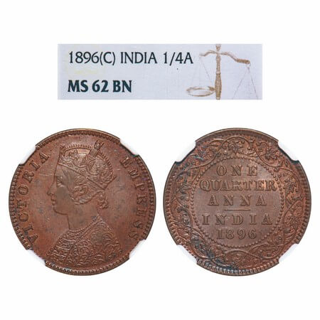Victoria Empress, Copper, Quarter Anna, 1896, Calcutta Mint, B/II, No mint mark. F. Prid 6