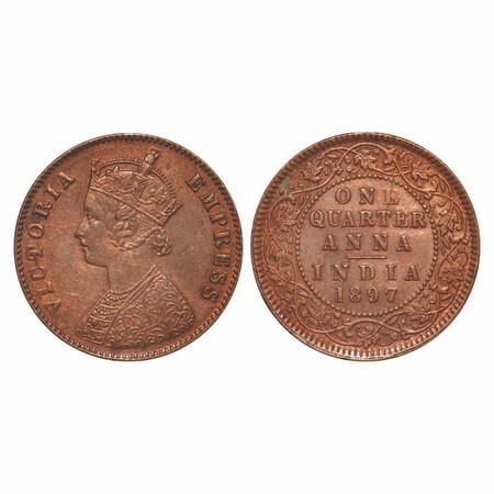 Victoria Empress, Copper, Quarter Anna, 1897, Calcutta Mint, B/II, No mint mark. F. Prid 6