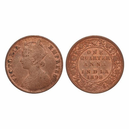 Victoria Empress, Copper, Quarter Anna, 1898, Calcutta Mint, B/II, No mint mark. F. Prid 6