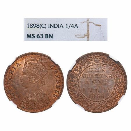 Victoria Empress, Copper, Quarter Anna, 1898, Calcutta Mint, B/II, No mint mark. F. Prid 6