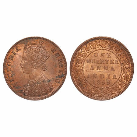 Victoria Empress, Copper, Quarter Anna, 1899, Calcutta Mint, B/II, No mint mark. F. Prid 6