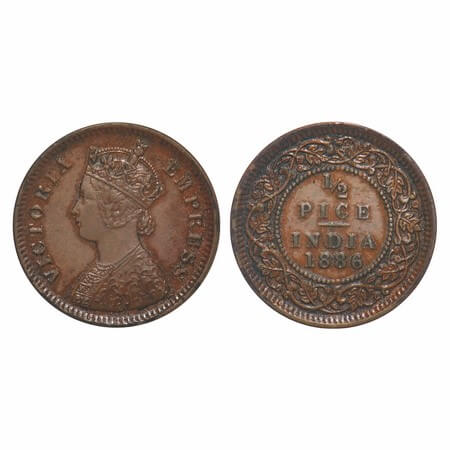 Victoria Empress, Copper, 1/2 Pice, 1886, Calcutta Mint, A/I, No mint mark. F. Prid 718. G