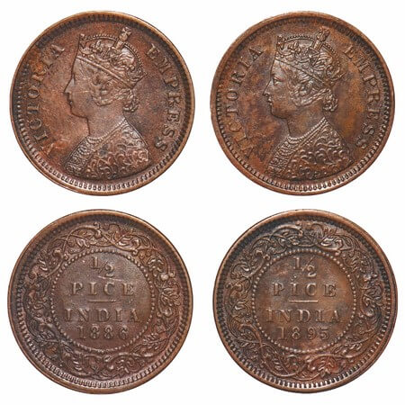Victoria Empress, Copper, 1/2 Pice, (2 coins), 1886, 1895, Calcutta Mint, A/I, No mint mar
