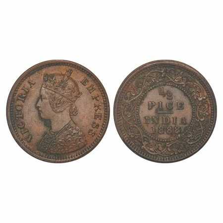 Victoria Empress, Copper, 1/2 Pice, 1888, Calcutta Mint, A/I, No mint mark. F. Prid 720. G