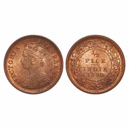 Victoria Empress, Copper, 1/2 pice, 1890, Calcutta Mint, A/I, No mint mark. F. Prid 722. G