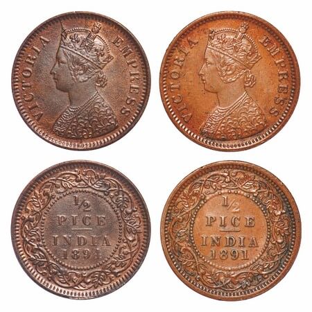 Victoria Empress, Copper, 1/2 Pice, (2 coins), 1) 1891, Calcutta Mint, A/I, No Mint mark, 