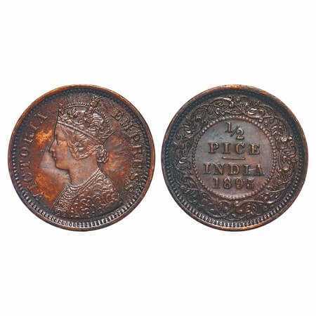 Victoria Empress, Copper, 1/2 Pice, 1894, Calcutta Mint, A/I, No mint mark, Broken 'R' in 