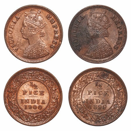Victoria Empress, Copper, 1/2 Pice, (2 coins), 1899, 1900, Calcutta Mint, A/I, No mint mar