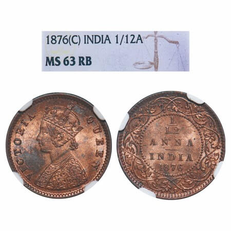 Victoria Queen, Copper, 1/12 Anna, 1876, Calcutta Mint, Obv A, No mint mark. F. Prid 785. 