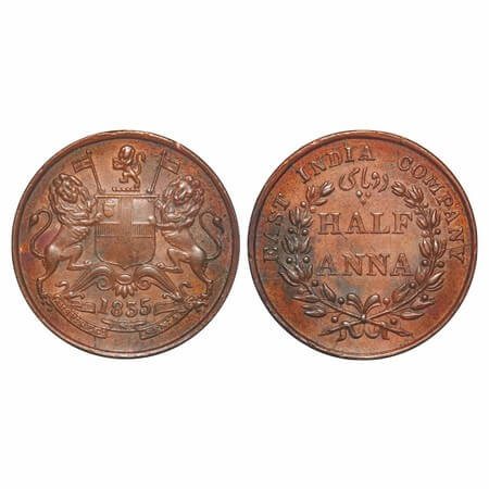 William IV, Copper, Half Anna, 1835, Madras Mint, Large Berries, Wreath with 20 Berries (1