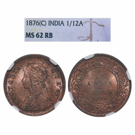 Victoria Queen, Copper, 1/12 Anna, 1876, Calcutta Mint, Obv A, No mint mark. F. Prid 785. 