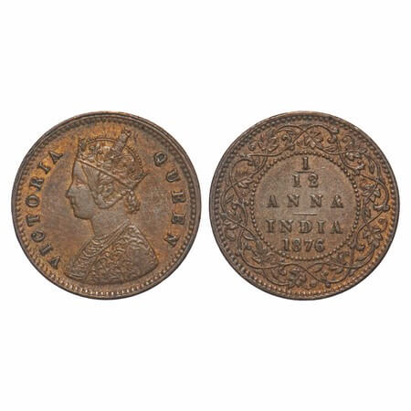 Victoria Queen, Copper, 1/12 Anna, 1876, Calcutta Mint, Obv A, No mint mark. F. Prid 785. 