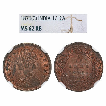 Victoria Queen, Copper, 1/12 Anna, 1876, Calcutta Mint, Obv A, No mint mark. F. Prid 785. 