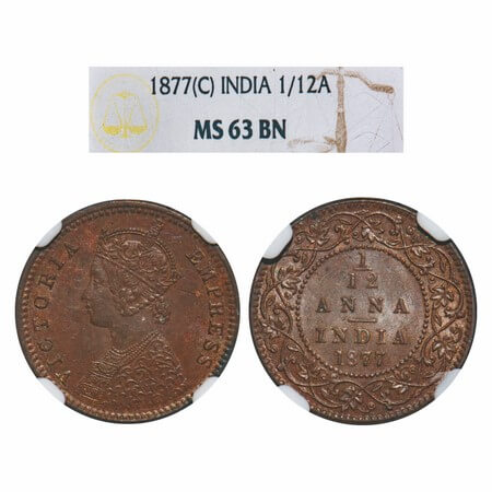 Victoria Empress, Copper, 1/12 Anna, 1877, Calcutta Mint, Obv B, No mint mark. F. Prid 786