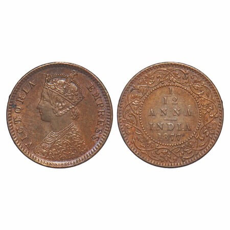 Victoria Empress, Copper, 1/12 Anna, 1877, Calcutta Mint, Obv B, No mint mark. F. Prid 786