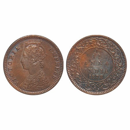 Victoria Empress, Copper, 1/12 Anna, 1878, Calcutta Mint, Obv B, No mint mark. F. Prid 787