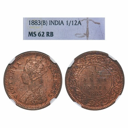 Victoria Empress, Copper, 1/12 Anna, 1883, Bombay Mint, Obv A, No mint mark. F. Prid 811. 