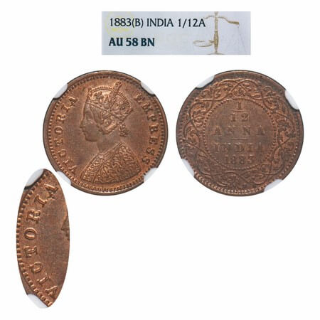 Victoria Empress, Copper, 1/12 Anna, 1883, Bombay Mint, Obv A, No mint mark, Crudish legen