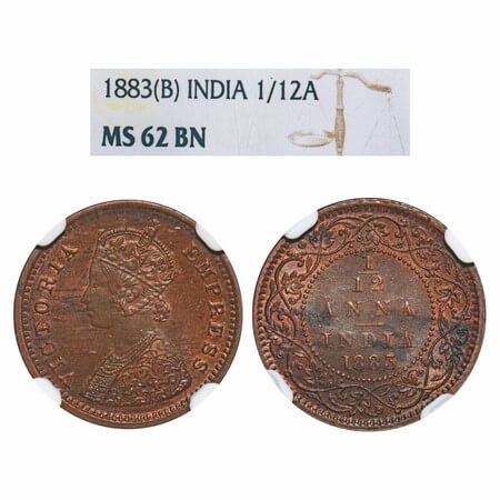 Victoria Empress, Copper, 1/12 Anna, 1883, Bombay Mint, Obv A, No mint mark. F. Prid 811. 