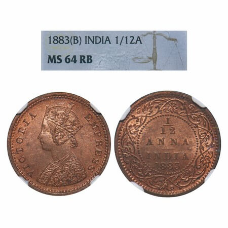 Victoria Empress, Copper, 1/12 Anna, 1883, Bombay Mint, Obv A, No mint mark. F. Prid 811. 