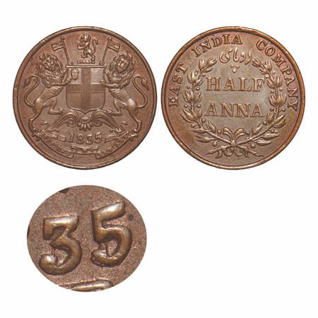 William IV, Copper, Half Anna, 1835, Madras Mint, Large Berries, Wreath with 20 Berries (1