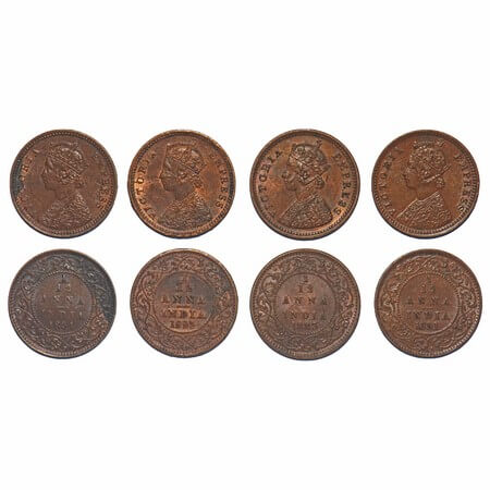 Victoria Empress, Copper, 1/12 Anna, (4 coins), 1) 1883, Bombay Mint, Obv A, No mint mark,