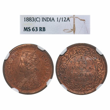 Victoria Empress, Copper, 1/12 Anna 1883, Calcutta Mint, Obv B, No mint mark. F. Prid 789.