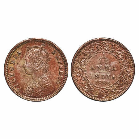 Victoria Empress, Copper, 1/12 Anna, 1886, Calcutta Mint, Obv B, 'C' incused. F. Prid 791.