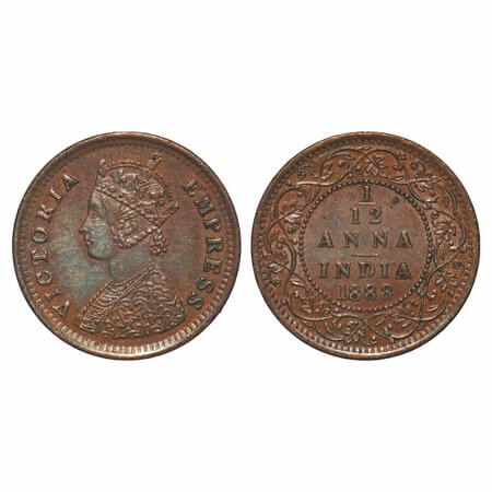 Victoria Empress, Copper, 1/12 Anna, 1888, Bombay Mint, Obv A, No mint mark. F. Prid 815. 