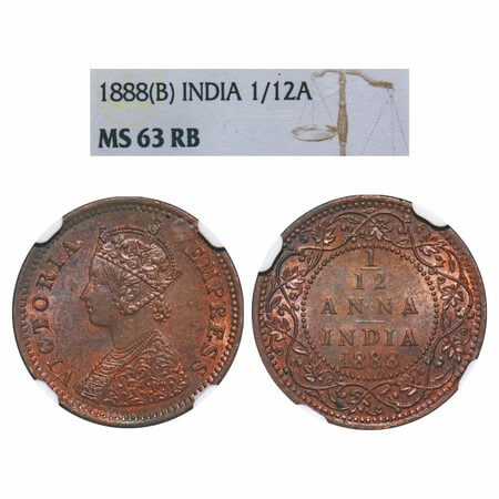 Victoria Empress, Copper, 1/12 Anna, 1888, Bombay Mint, Obv A, No mint mark. F. Prid 815. 