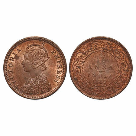 Victoria Empress, Copper, 1/12 Anna, 1889, Calcutta Mint, Obv B, No mint mark. F. Prid 794