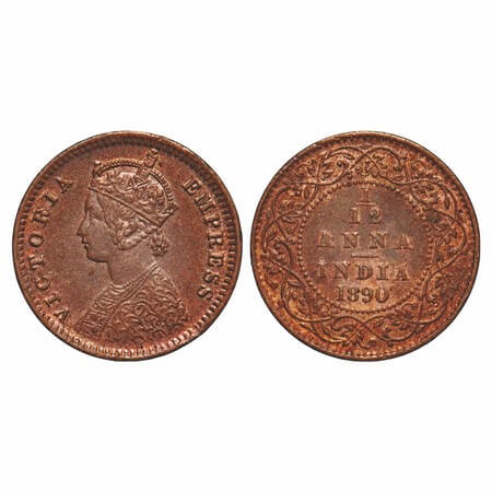 Victoria Empress, Copper, 1/12 Anna, 1890, Calcutta Mint, Obv B, No mint mark. F. Prid 795
