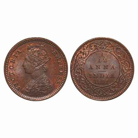 Victoria Empress, Copper, 1/12 Anna, 1891, Calcutta Mint, Obv B, No mint mark. F. Prid 796