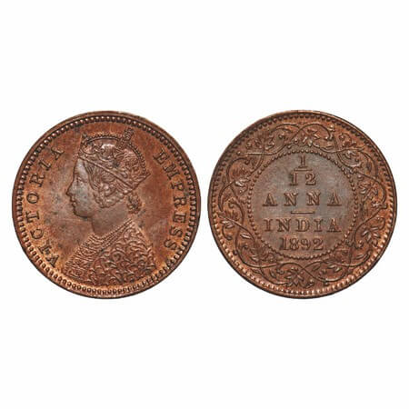 Victoria Empress, Copper, 1/12 Anna, 1892, Calcutta Mint, Obv B, No mint mark. F. Prid 797
