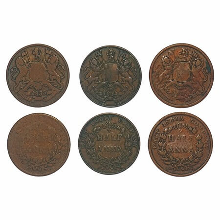 William IV & Victoria Queen, Copper, Half Anna, (3 coins), 1) 1835, Madras Mint, Large Ber