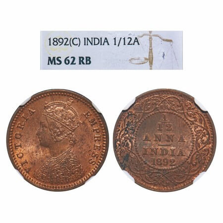 Victoria Empress, Copper, 1/12 Anna 1892, Calcutta Mint, Obv B, No mint mark. F. Prid 797.