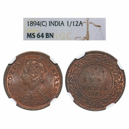 Victoria Empress, Copper, 1/12 Anna, 1894, Calcutta Mint, Obv B, No mint mark. F. Prid 799