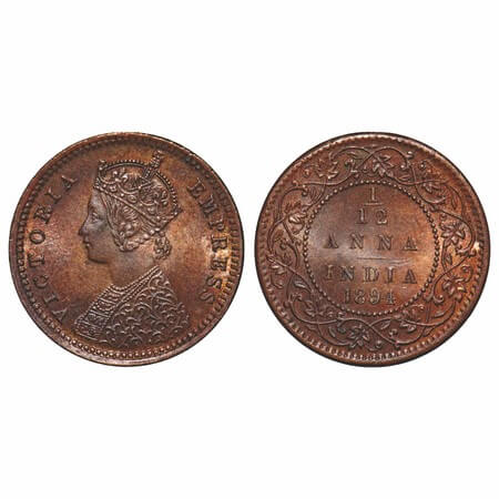 Victoria Empress, Copper, 1/12 Anna, 1894, Calcutta Mint, Obv B, No mint mark. F. Prid 799