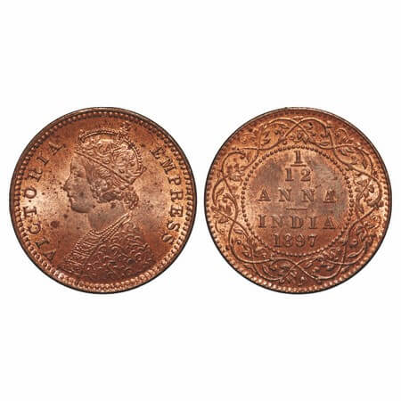 Victoria Empress, Copper, 1/12 Anna, 1897, Calcutta Mint, Obv B, No mint mark. F. Prid 802