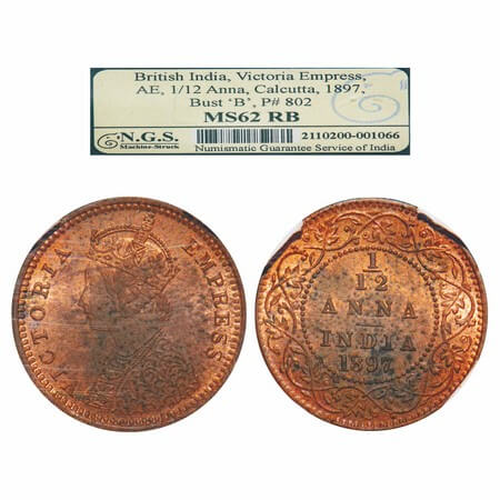 Victoria Empress, Copper, 1/12 Anna, 1897, Calcutta Mint, Obv B, No mint mark. F. Prid 802