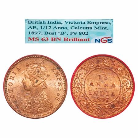 Victoria Empress, Copper, 1/12 Anna, 1897, Calcutta Mint, Onbv B, No mint mark. F. Prid 80