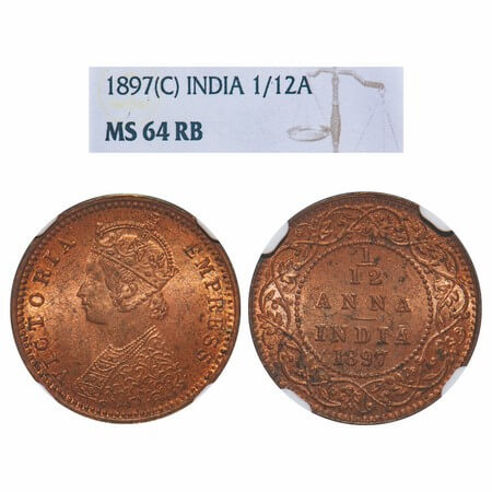 Victoria Empress, Copper, 1/12 Anna 1897, Calcutta Mint, Obv B, No mint mark. F. Prid 802.