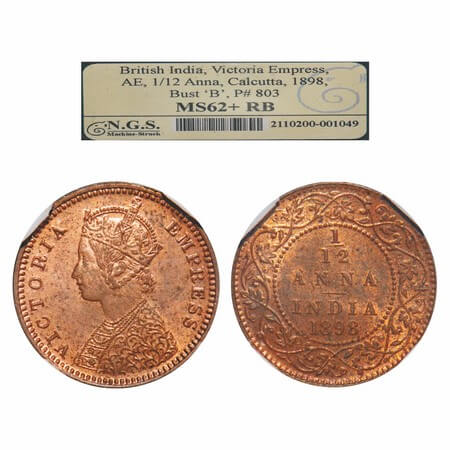 Victoria Empress, Copper, 1/12 Anna, 1898, Calcutta Mint, Obv B, No mint mark. F. Prid 803