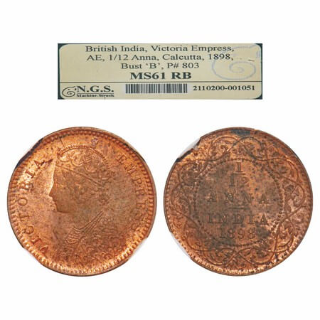 Victoria Empress, Copper, 1/12 Anna, 1898, Calcutta Mint, Obv B, No mint mark. F. Prid 803