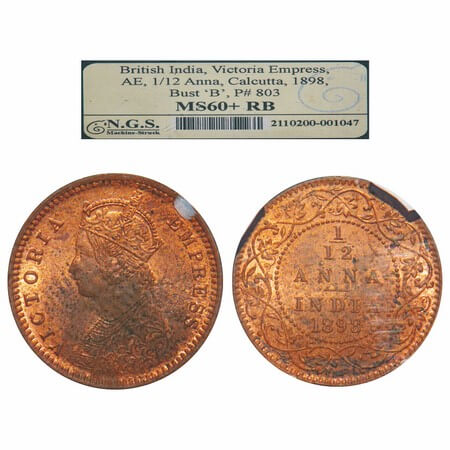 Victoria Empress, Copper, 1/12 Anna, 1898, Calcutta Mint, Obv B, No mint mark. F. Prid 803