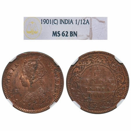 Victoria Empress, Copper, 1/12 Anna, 1901, Calcutta Mint, Obv B, No mint mark. F. Prid 805