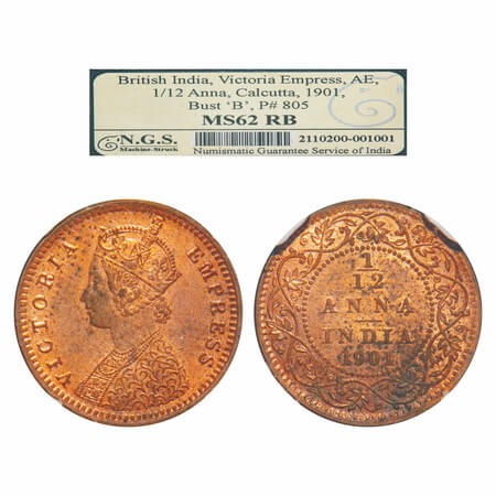 Victoria Empress, Copper, 1/12 Anna, 1901, Calcutta Mint, Obv B, No mint mark. F. Prid 805