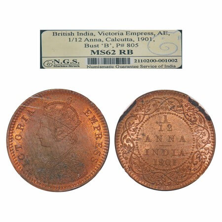 Victoria Empress, Copper, 1/12 Anna, 1901, Calcutta Mint, Obv B, No mint mark. F. Prid 805