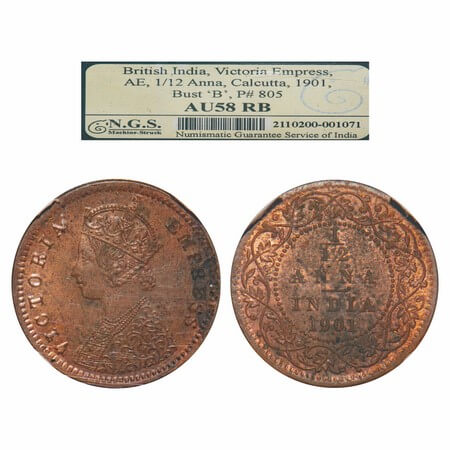 Victoria Empress, Copper, 1/12 Anna, 1901, Calcutta Mint, Obv B, No mint mark. F. Prid 805