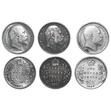 Edward VII, Silver, Rupee, (3 coins), 1) 1903, Calcutta Mint, No mint mark, Normal 5 Diamo